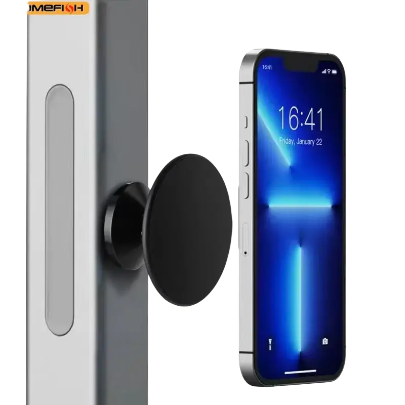 Black magnetic phone stand with metal plates attached to a silver door handle securing an iphone for gyms and vehicles