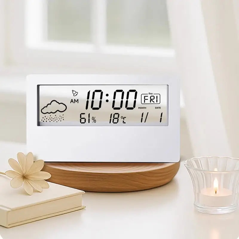 digital weather desktop alarm clock with white rectangular display and wooden base showing time date weather and temperature.