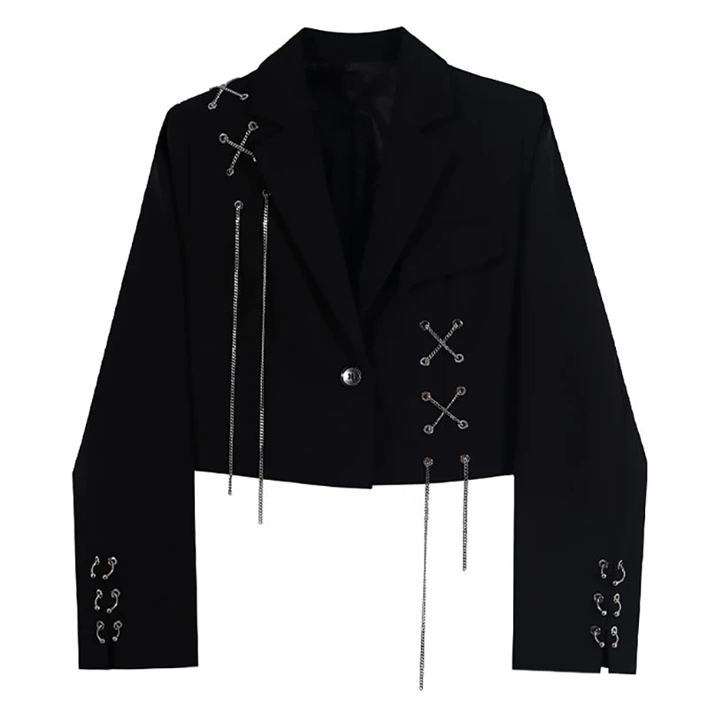 Women Punk Gothic Cropped Blazer with Metal Chain Harajuku Design Streetwear Chic Patchwork Suit Office Lady Commute Short Coat