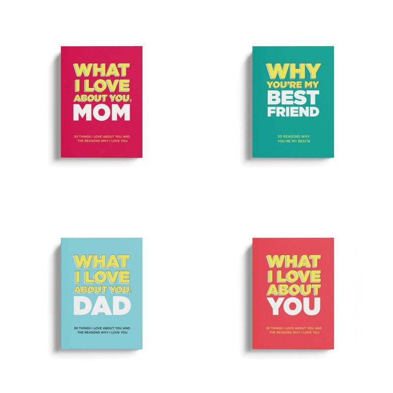 Ensemble de quatre cartes de vœux colorées avec un texte jaune et blanc en caractères gras sur des arrière-plans rose vif, turquoise, bleu clair et corail, pour le produit « Mom Dad fill in love ».