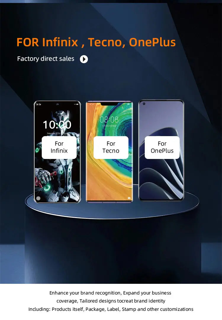 Drei Smartphones mit unterschiedlichen Bildschirmdesigns und Branding-Etiketten für Infinix, Tecno und OnePlus, angezeigt auf einer kreisförmigen Plattform, die die originale iPhone-14-Pro-Max-LCD-Bildschirm-Baugruppe zeigt, kompatibel mit Pro-Max-Geräten und hohen Standards für chemische Besorgnis.