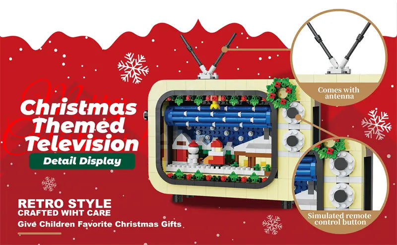 Televisor retro de estilo crema, fabricado con ladrillos de plástico entrelazables, con una escena navideña festiva con acentos azules y verdes para bloques de construcción de juguetes en vacaciones.