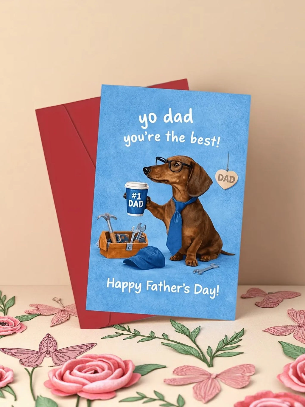 1 Fun Father's Day Greeting Card with a Red Envelope, Featuring a Long Dog Wearing Glasses and a Tie Holding a Number 1, with a Coffee Cup and Tools on the Side, with the Text "Yo Dad You'Re the Best," Perfect for Dad, a Cute