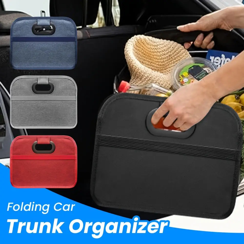 Bolsa organizadora plegable para cajuela de automóvil de tela negra, con asa resistente y costuras reforzadas, diseñada para el almacenamiento y la organización del vehículo.