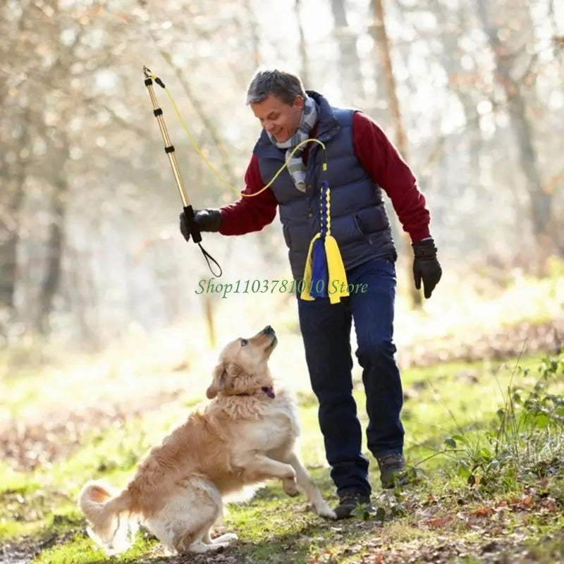 leurre de dressage rétractable pour chien jaune et bleu avec poignée télescopique et plusieurs accessoires pour le divertissement et l’éducation des animaux de compagnie