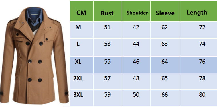 Tan double breasted warm woolen coat for men featuring black buttons and epaulets designed as a woolen jacket for cold weather.