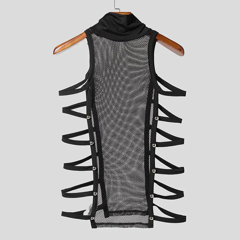 Men mesh turtleneck tank top in black featuring a high collar and asymmetrical black straps made from breathable mesh material.