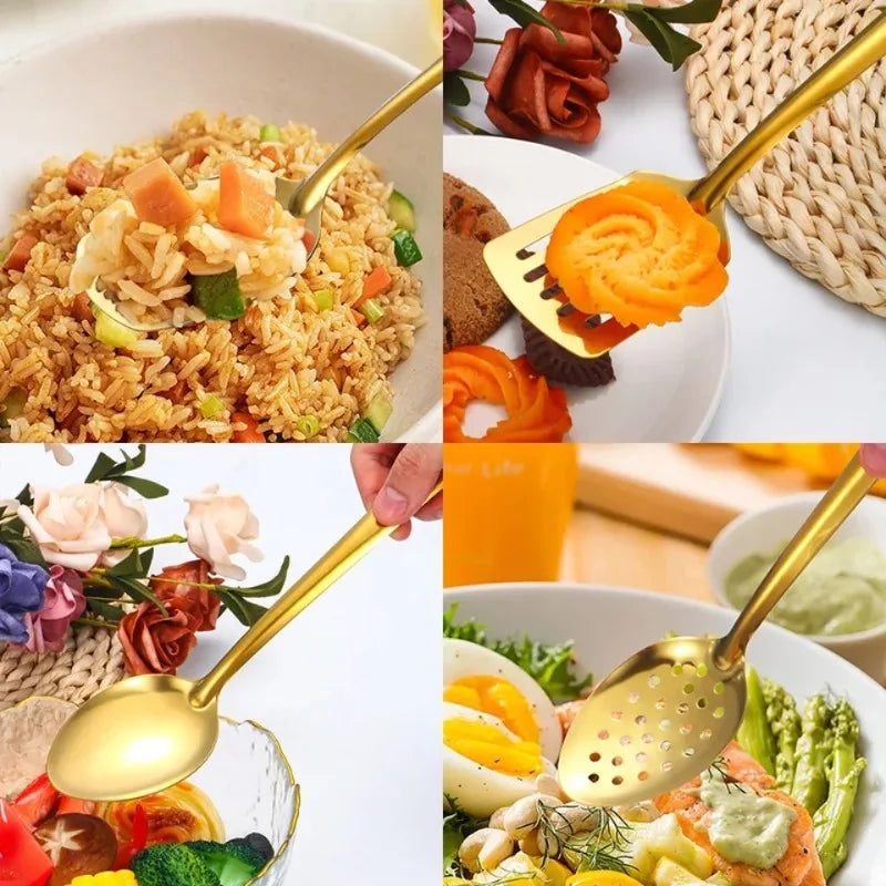 Gold Kitchen Utensils,Stainless Steel Cooking Accessories Cooking Tools,Spatula Slotted Turner，Ladle,Serving Spoon