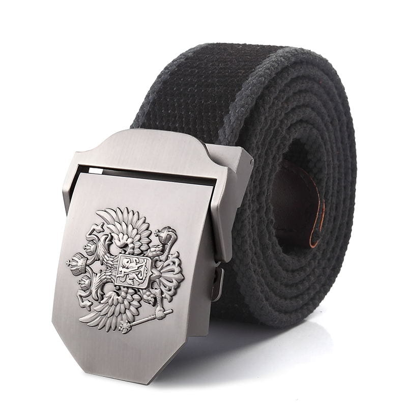 Ceinture tactique en toile noire pour hommes, avec une boucle en métal à finition ton argent, présentant un emblème d’aigle russe bicéphale en relief.