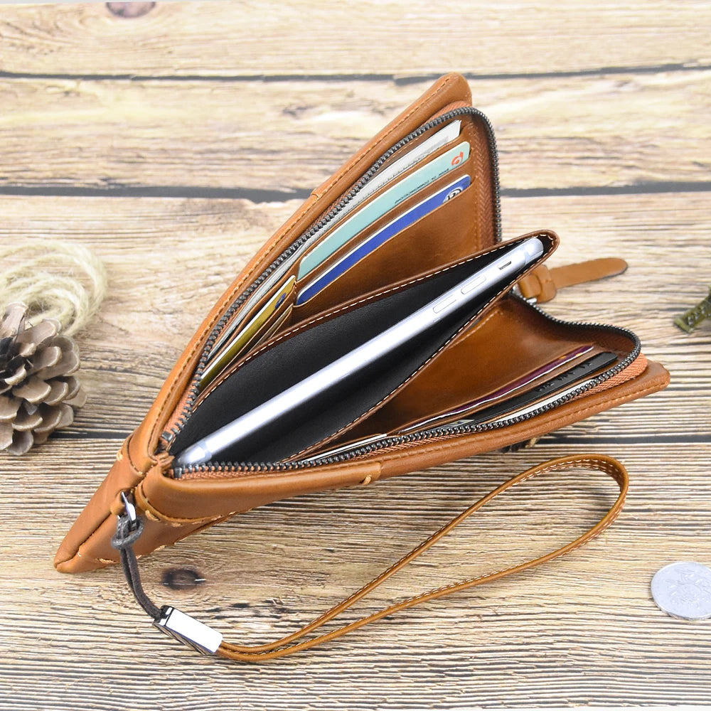 100% Genuine Leather Wallet Men Long Vintage Portomonee Cowhide Purse Women Wristlet Wallets Green Phone Bag Punk Purse