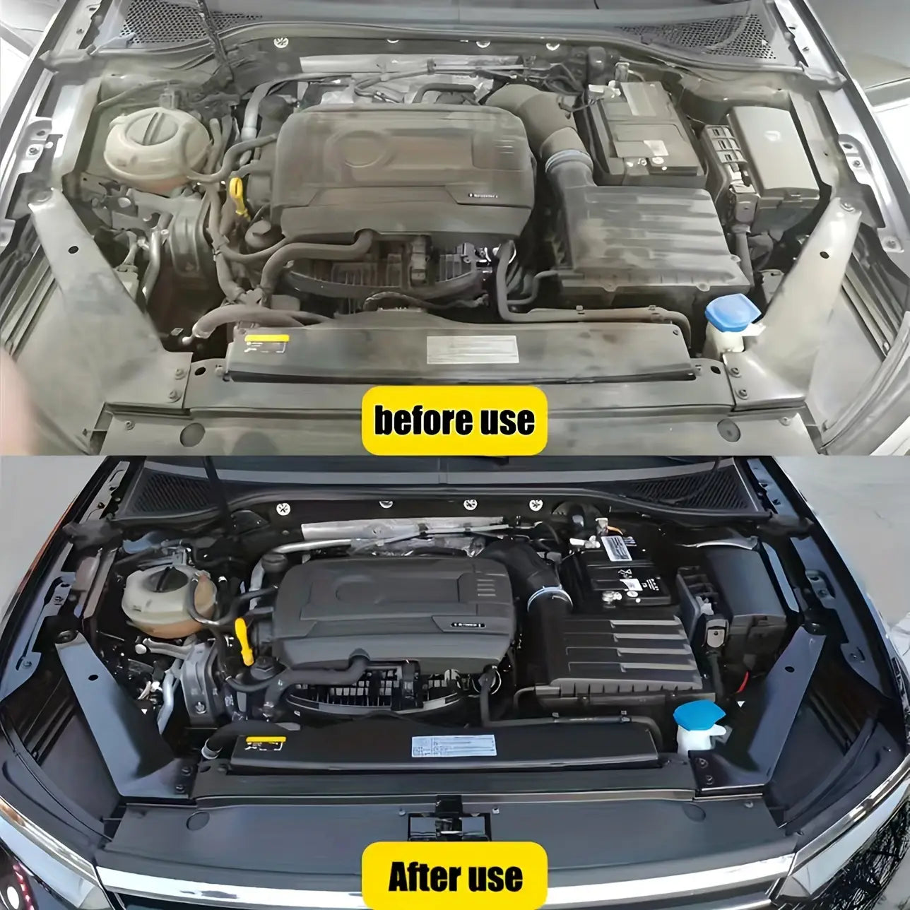 Cleaned engine bay featuring a black plastic cover and metallic components restored using engine bay cleaner and plastic restorer.
