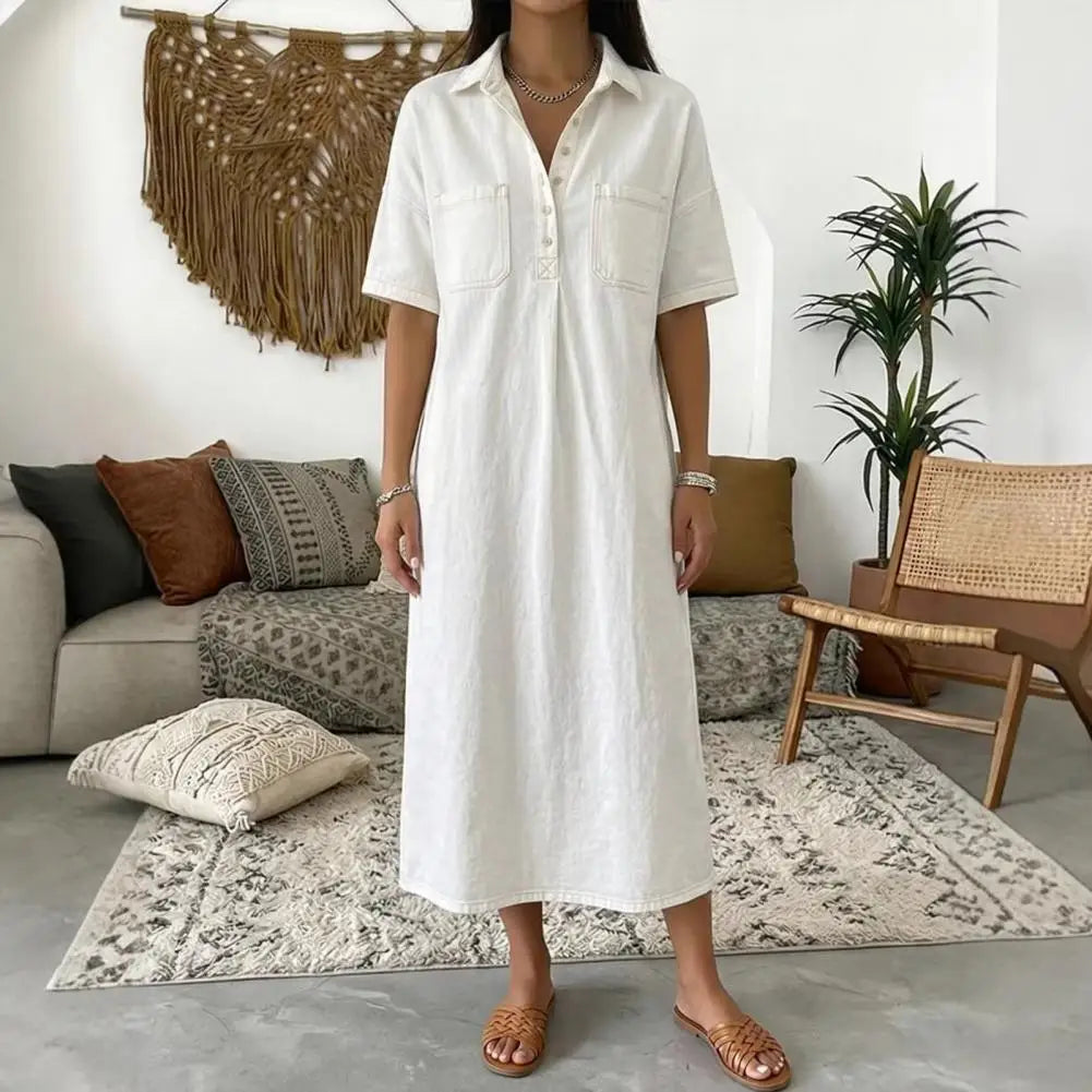 Women's Vintage Denim Shirt Dress Casual Short Sleeve Button Up Jean A-Line Long Dress with Pockets Commuting Style Midi Dress