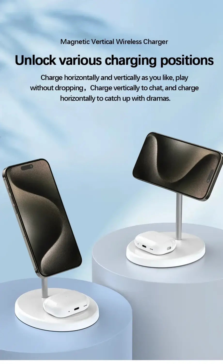 Soporte blanco de carga inalámbrica magnética con diseño vertical y base resistente para la carga inalámbrica de iPhone y AirPods.