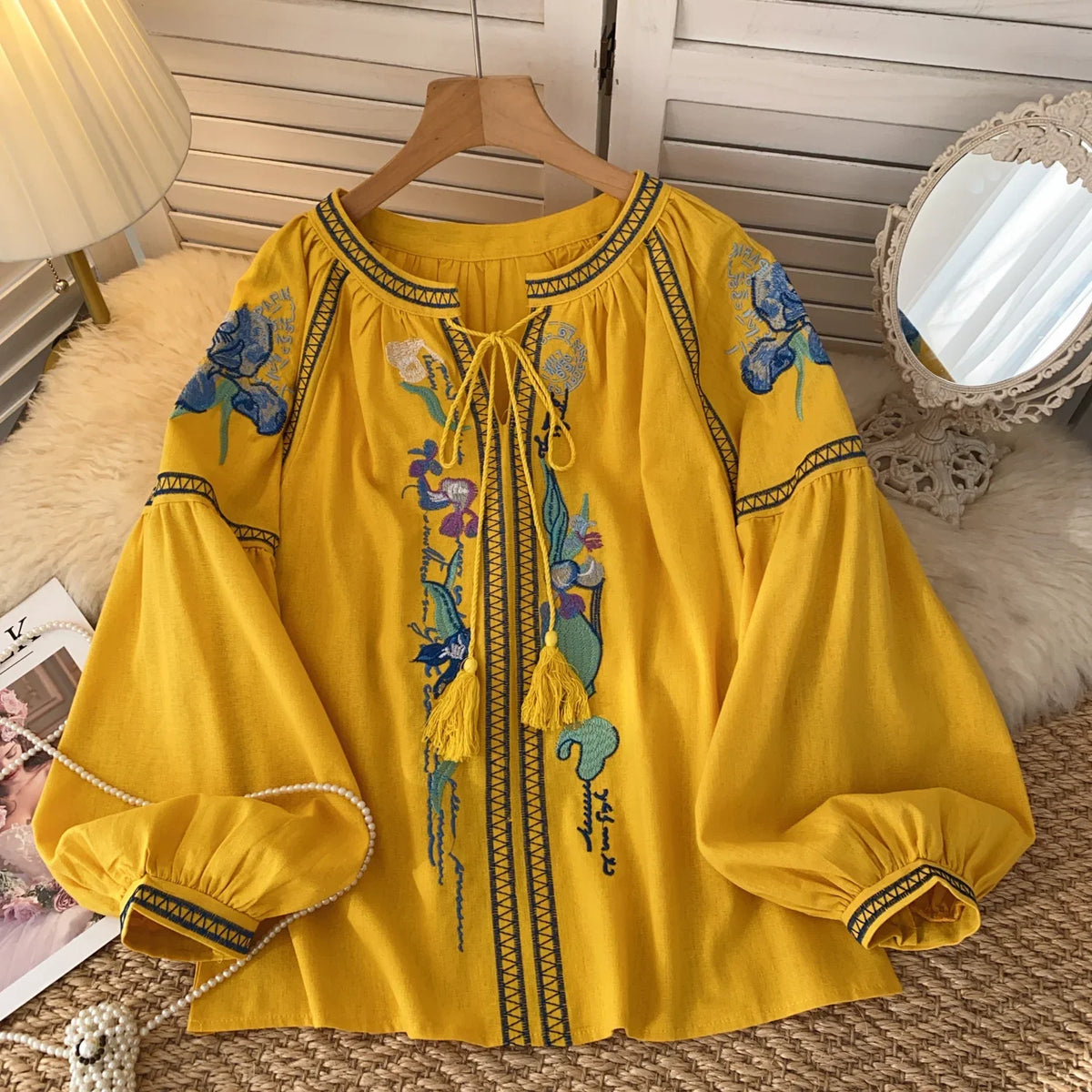Cotton Ethnic Floral Embroidery Women Blouses Shirts Autumn Casual V Neck Tassel Lace-up Lantern Long Sleeve Blouse Boho Tops