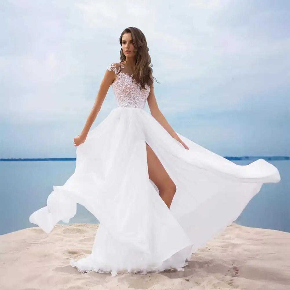 White Bridesmaid Dress Boho A-line Wedding Dress for Bride Lace V-neck Evening Gown with Chiffon Slit for Bridesmaid for Women