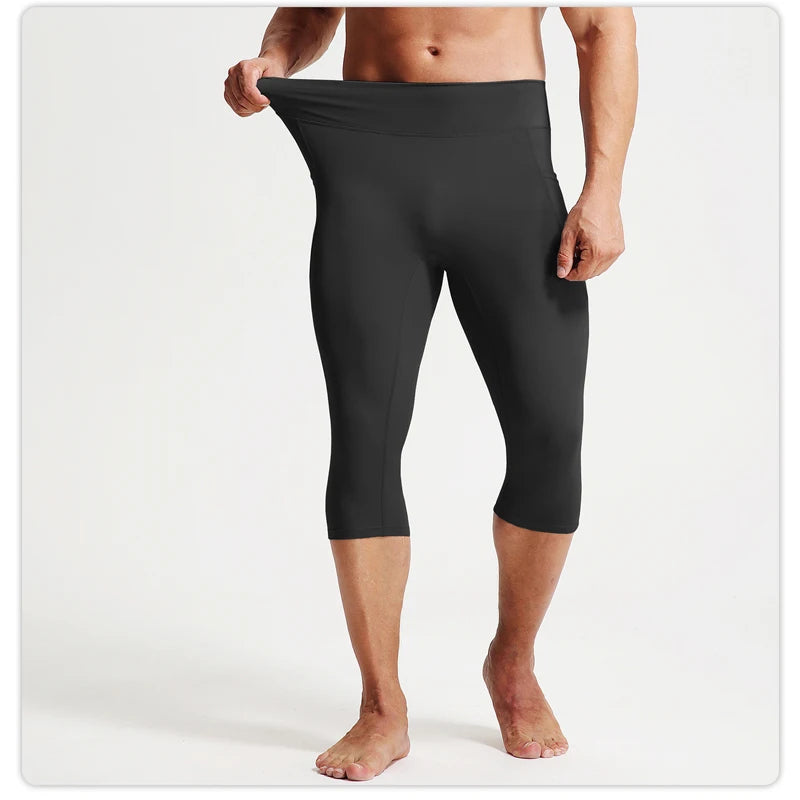 Men High Waist 7/8 Compression Pants Quick Dry Breathable Tight Sports Leggings Running Jogging Gym Fitness Training Workout Cap