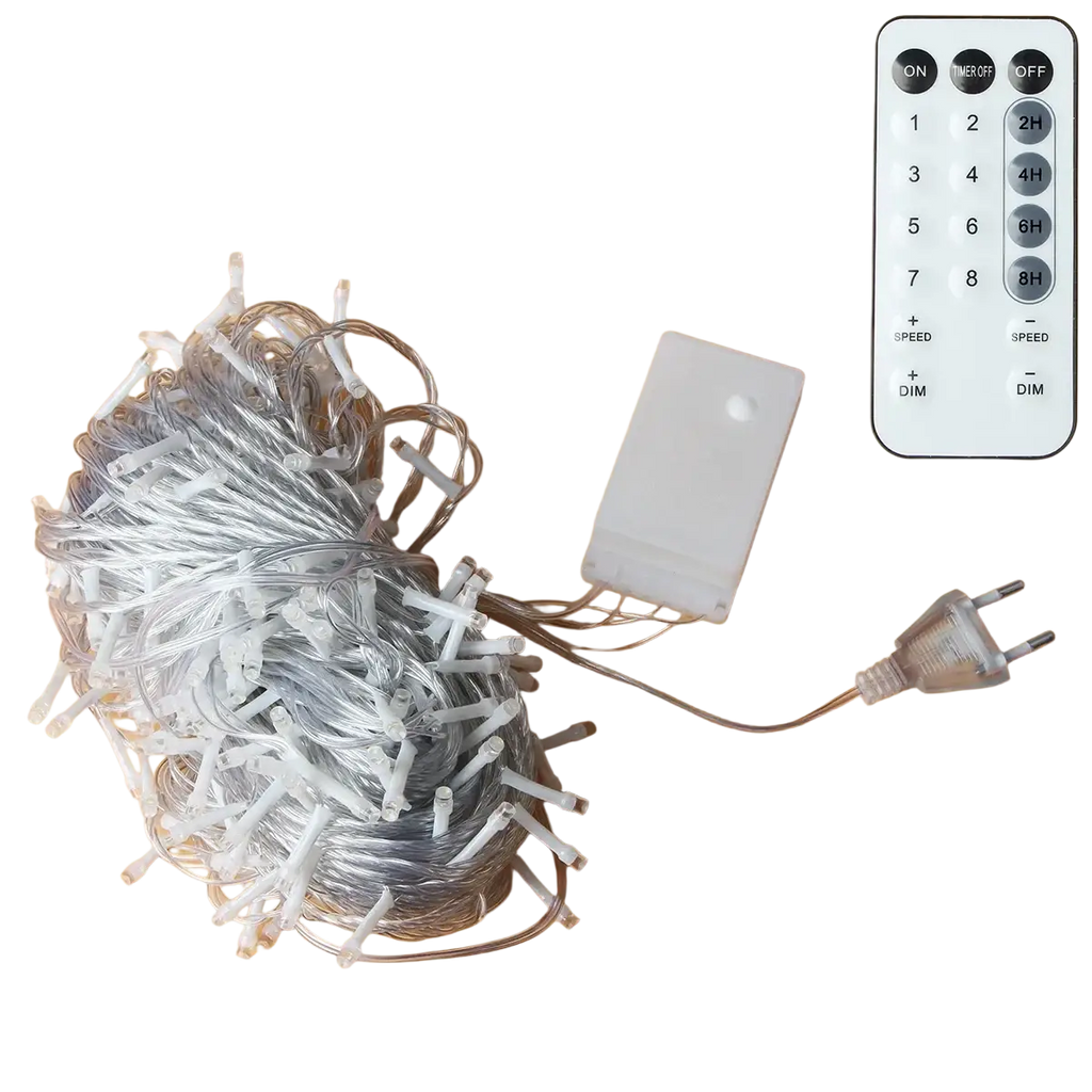Led fairy string lights with remote control showing silver led string, remote, and power adapter from front view