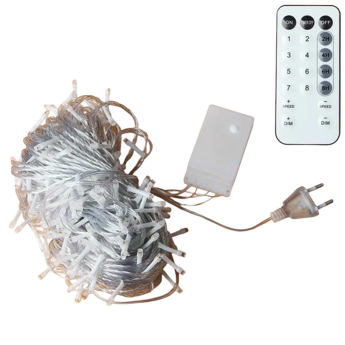 Led fairy string lights with remote control showing silver led string, remote, and power adapter from front view