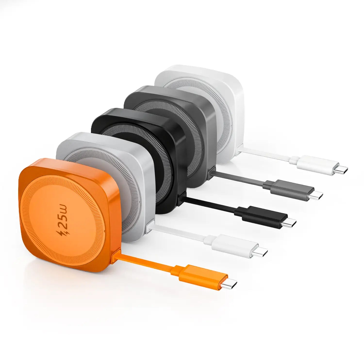 Orangefarbener 25-W-Magnet-Ladekoffer für kabelloses Laden für iPhone mit USB-C-Kabelrückzug, einem eleganten eckigen Gehäuse und einer strukturierten runden Griffform.