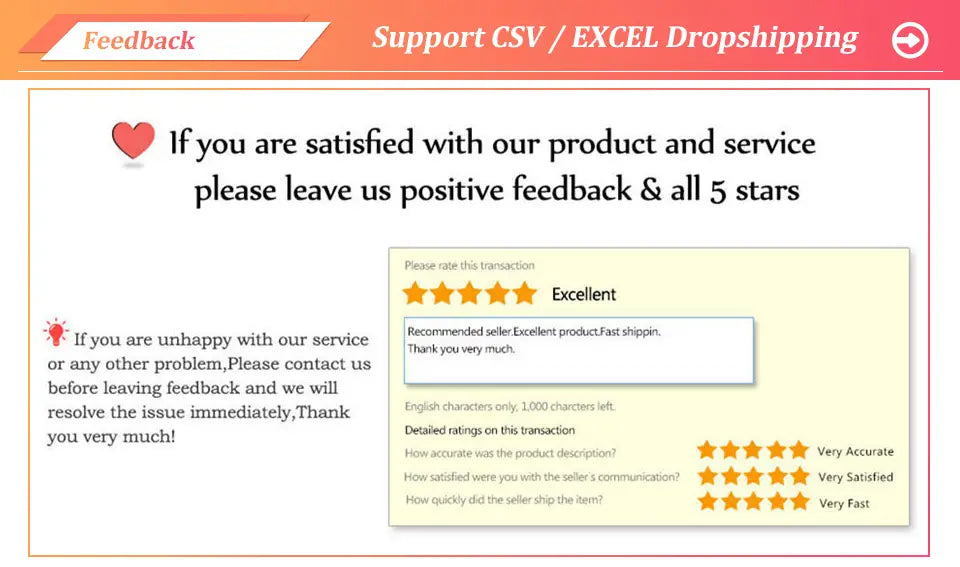 The image displays a customer feedback form with an orange and white header prompting positive reviews and ratings for a swim training floating belt for beginners.