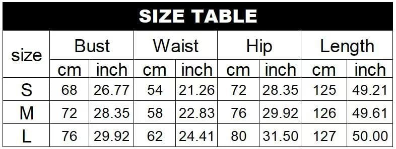 Size chart for workout jumpsuit open back athletic romper showing measurements in centimeters and inches for sizes S M and L.