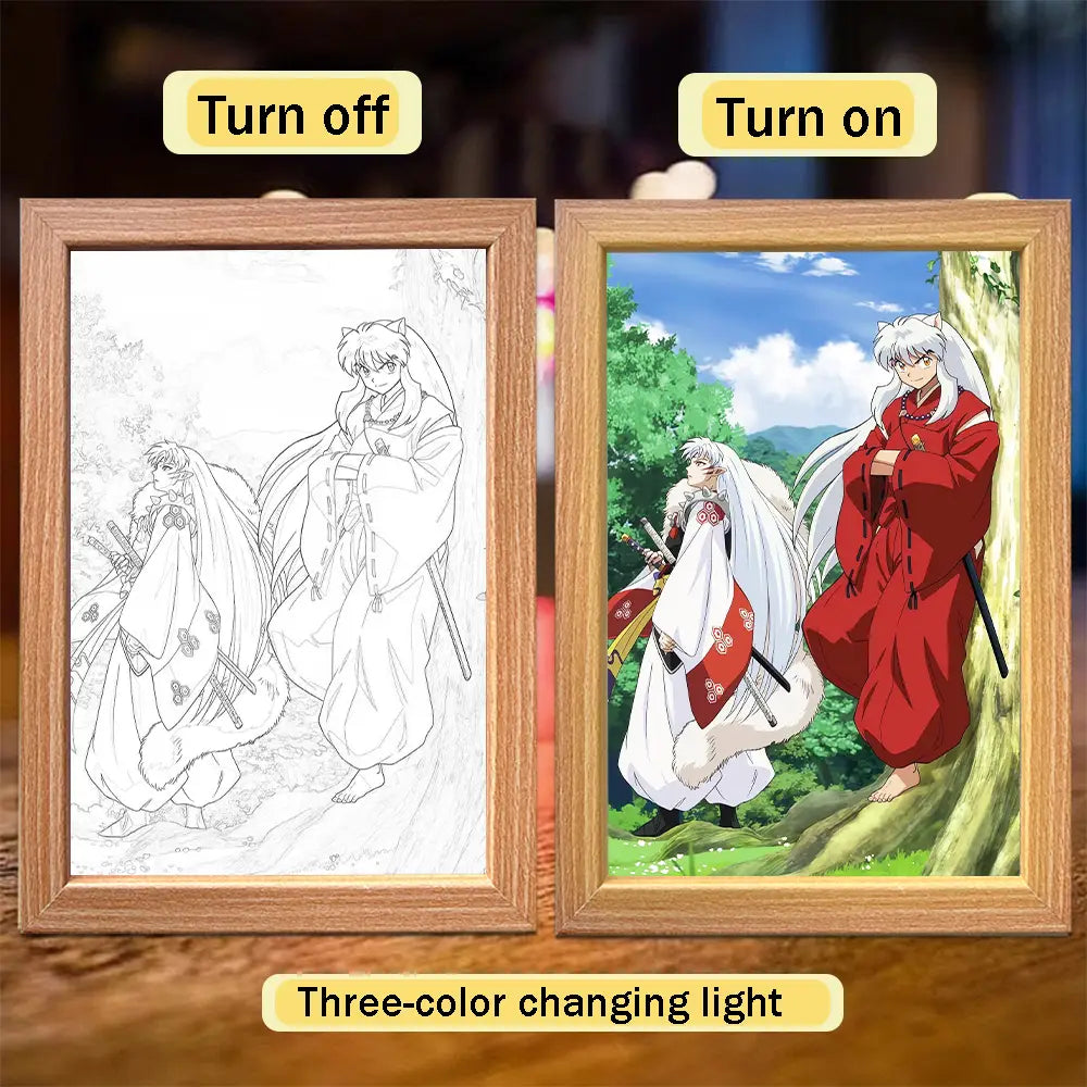 Decoración para pintura luminosa con marco de madera que presenta una luz LED de cambio en tres colores mostrando una escena de anime con dos personajes en rojo y blanco, inspirada en Inuyasha.