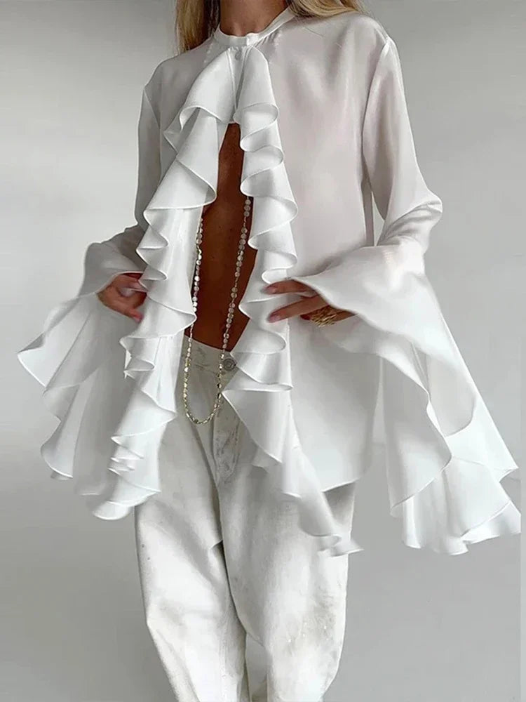Women's Elegant Ruffle Single Breasted Shirts Casual O-Neck Sleeve Blouses Fashion Lady Temperamentigan Shirts Tops for Spring