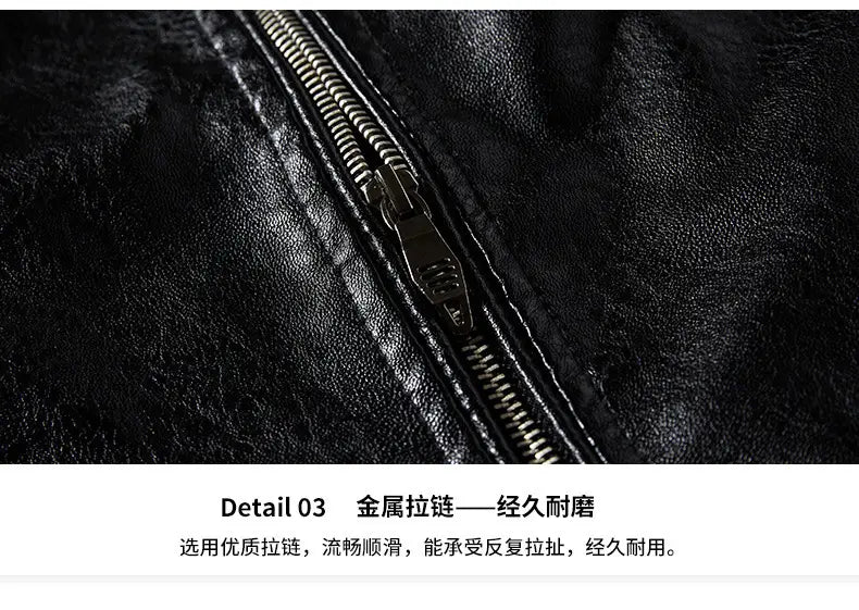 men faux leather motorcycle winter bomber jacket in black featuring a silver metal zipper.
