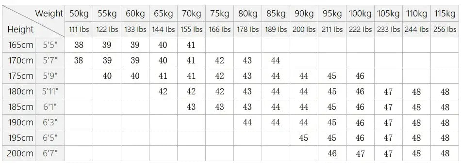 Eine Umrechnungstabelle von Gewicht und Größe mit Körpergröße in Zentimetern und Zoll sowie Gewicht in Kilogramm und Pfund, die die entsprechenden Schuhgrößen neben einem Herren gestreiften Businesshemd mit langen Ärmeln anzeigt.