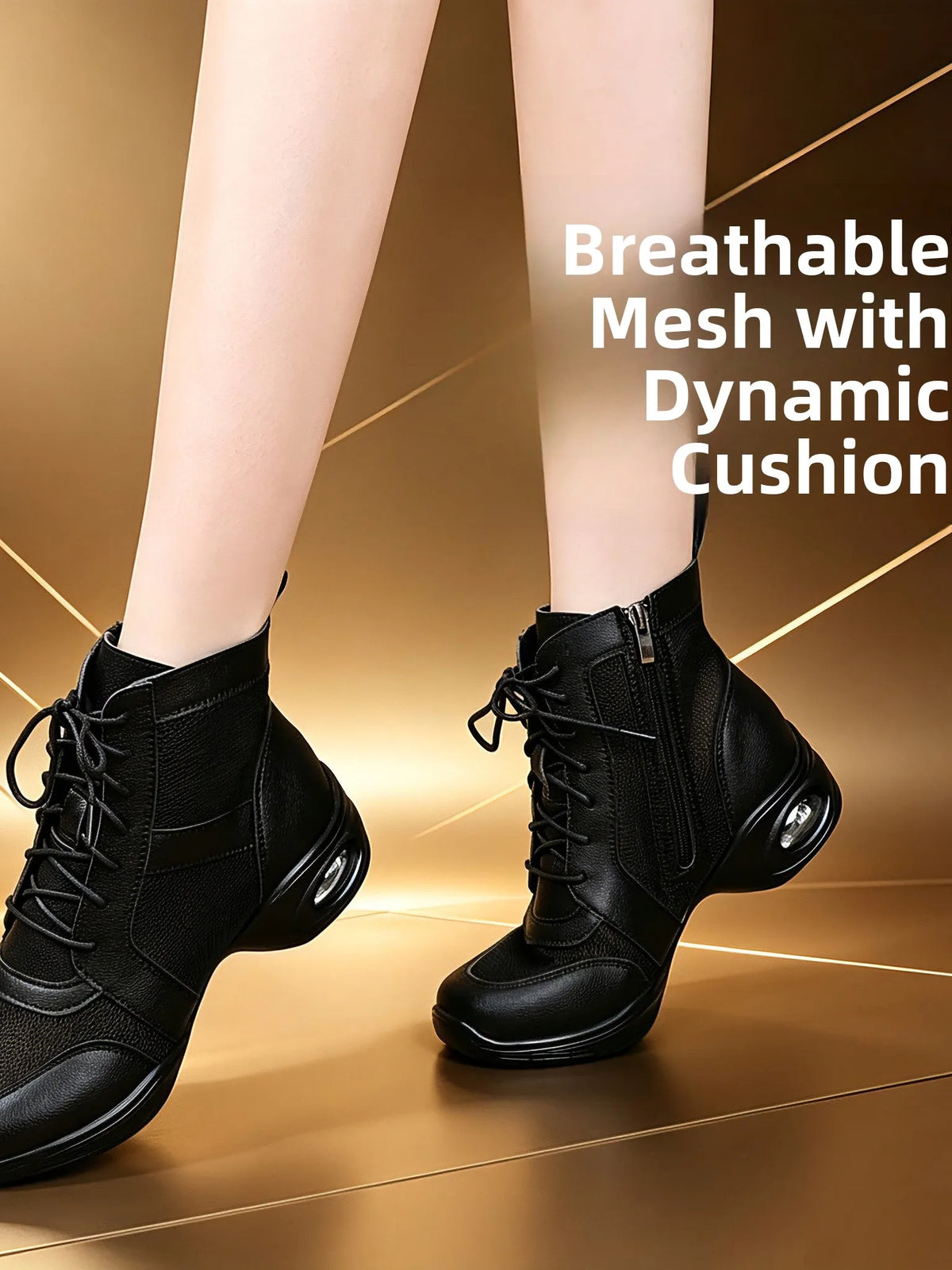 Women's Dancing Shoes Soft Bottom Leather mid Heel Black Mesh Breathable Square Dance Shoes Jazz Sailor Dance Footwear
