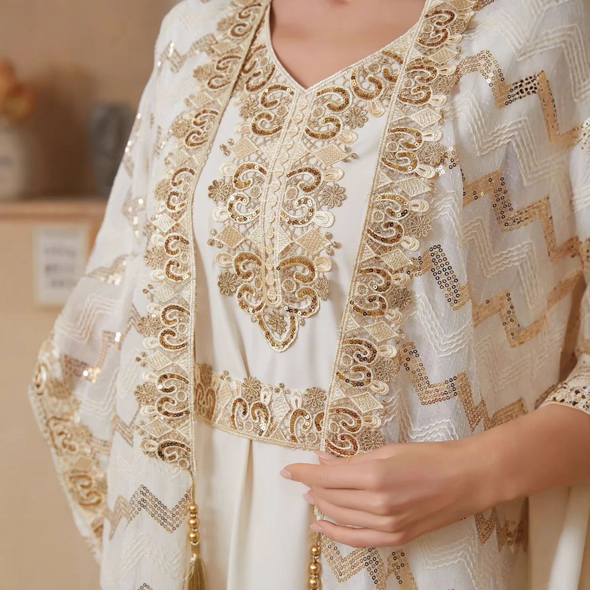 Dress Suit Women Eid Muslim Abaya Party Dresses Sequins 2 Piece Set Jalabiya Morocco Vestidos Dubai Islam Kaftan Cardigan Robe
