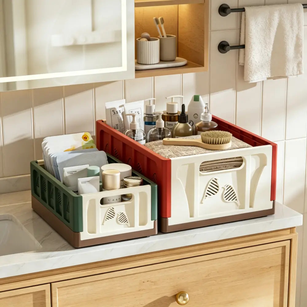 Foldable storage basket plastic stackable organizer in red and white plastic with bird-shaped cutouts on the sides as an actual storage box for versatile organization.