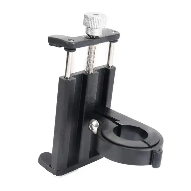 Soporte para teléfono para bicicleta de metal con plástico negro, con tornillo de ajuste y abrazadera de metal plateado.