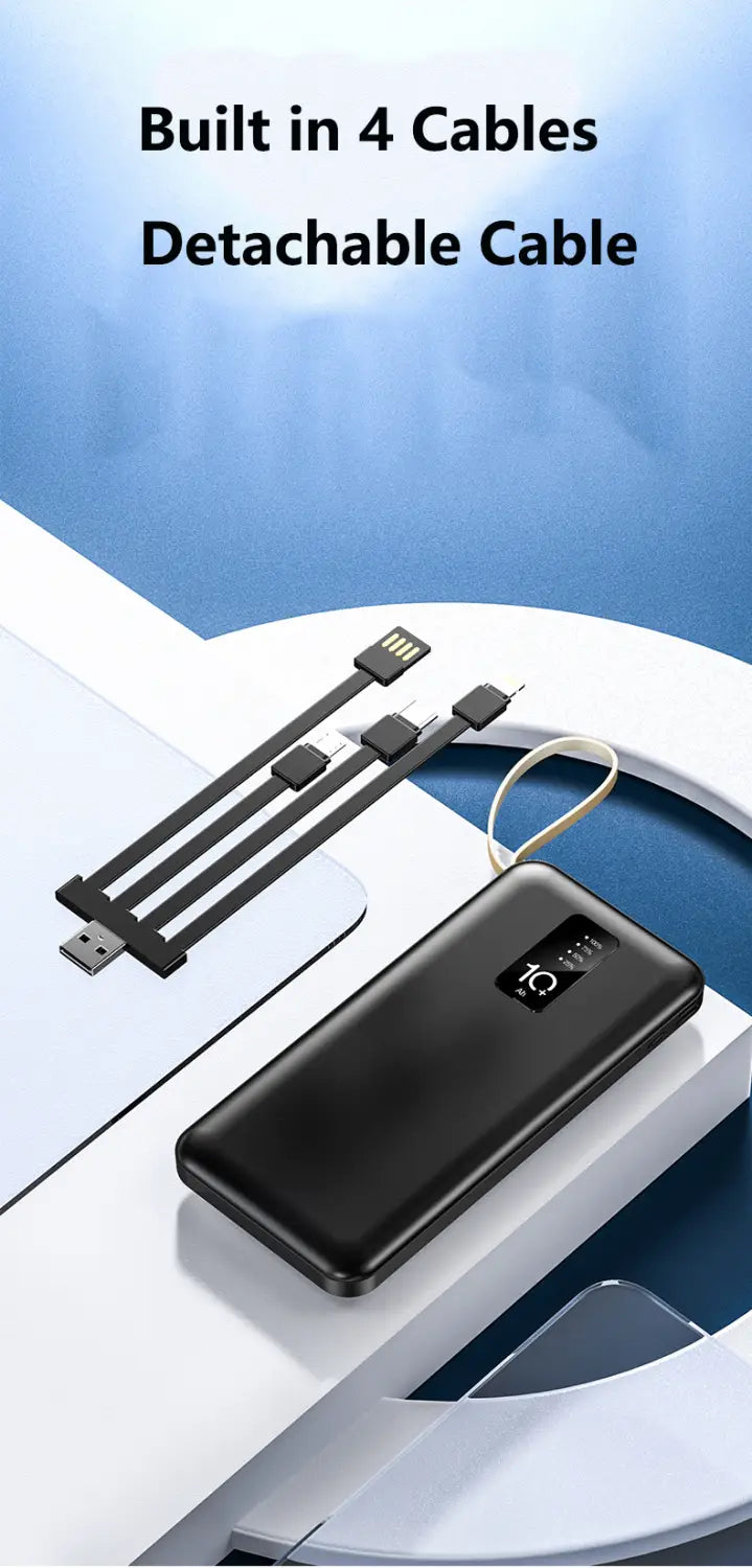 Schwarze rechteckige tragbare Powerbank mit integrierten abnehmbaren Kabeln und digitaler Anzeige zum Laden von Geräten kompatibler Modelle