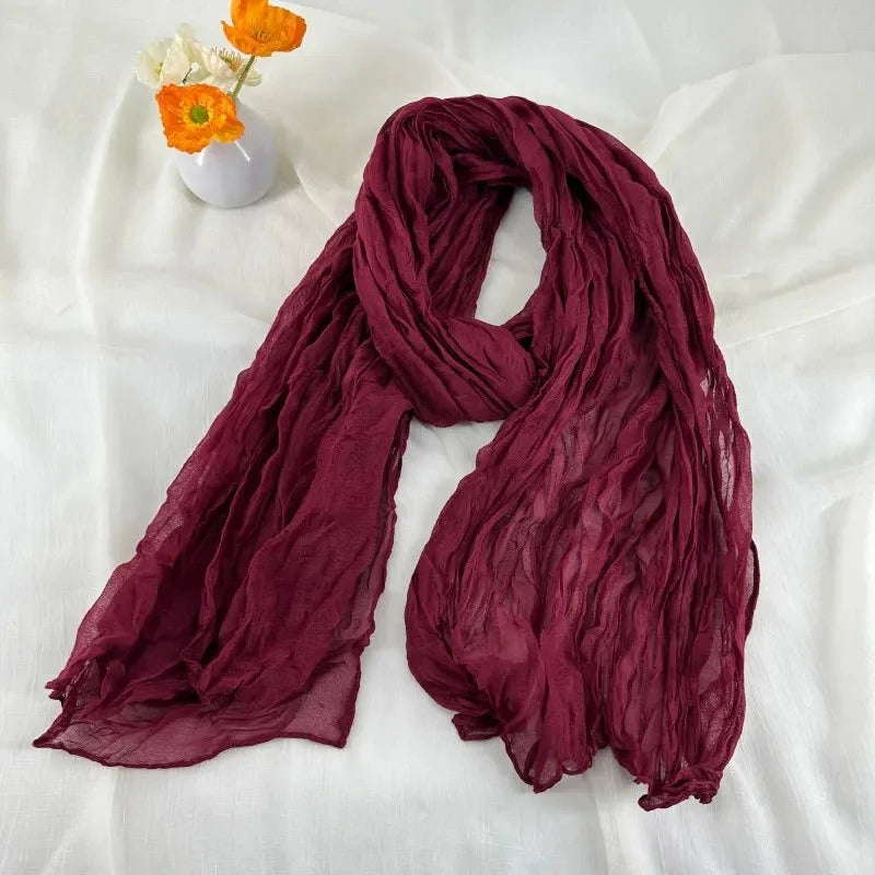 Multi Color Women Soft Breathable Cotton and Linen Scarves Solid Color Pleated Scarf Retro Bohemian Style Long Wraps 180*90cm