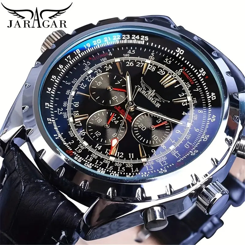 Mechanical stainless steel men’s chronograph watch featuring a black and blue dial with multiple subdials and red hands, a silver-toned metal case, and a black leather strap.