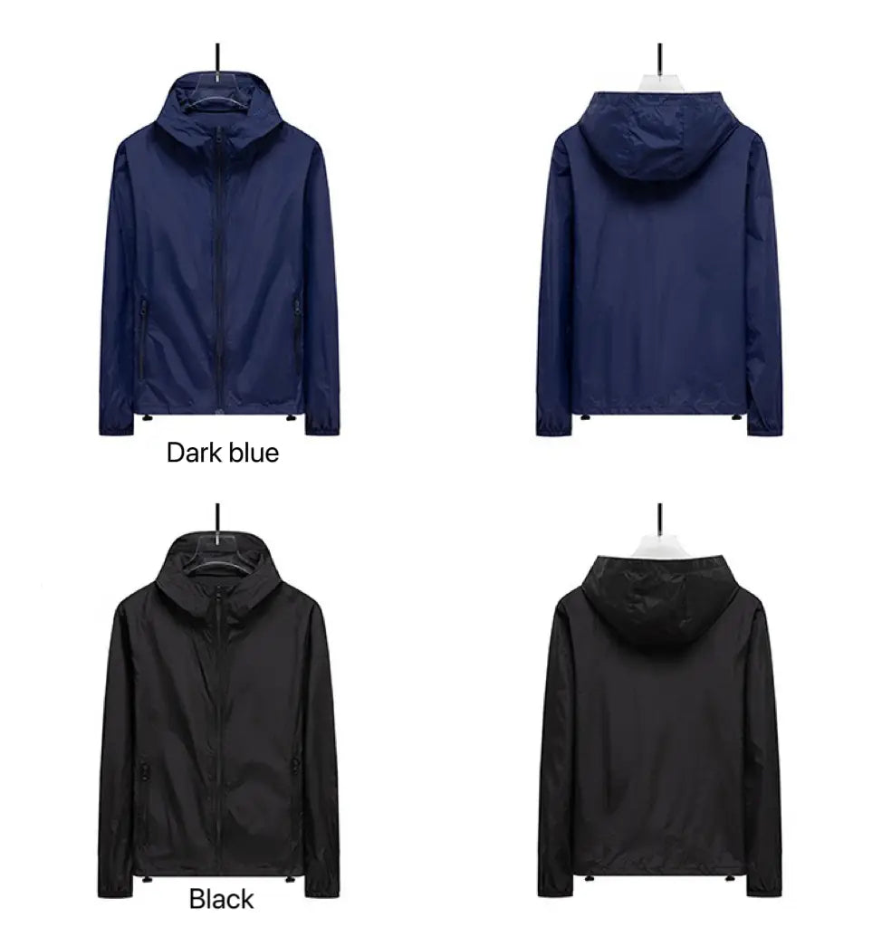men sun protection windbreaker jackets in dark blue and black with sleek lightweight fabric front zippers and side pockets.