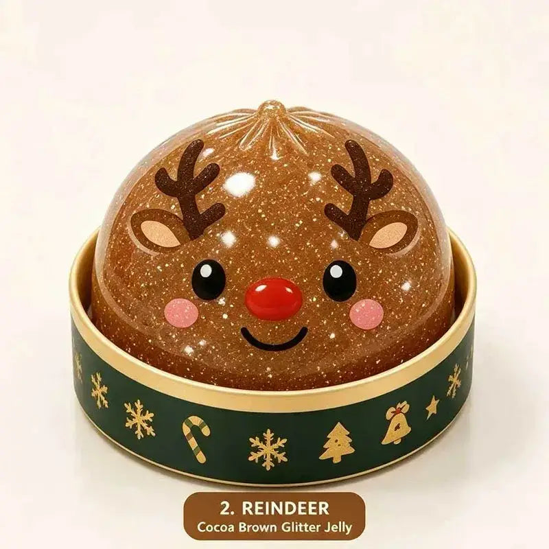 Christmas squeeze toy stress relief dumpling in cocoa brown glitter jelly shaped like a smiling reindeer with antlers rosy cheeks and a red nose for christmas party fun.