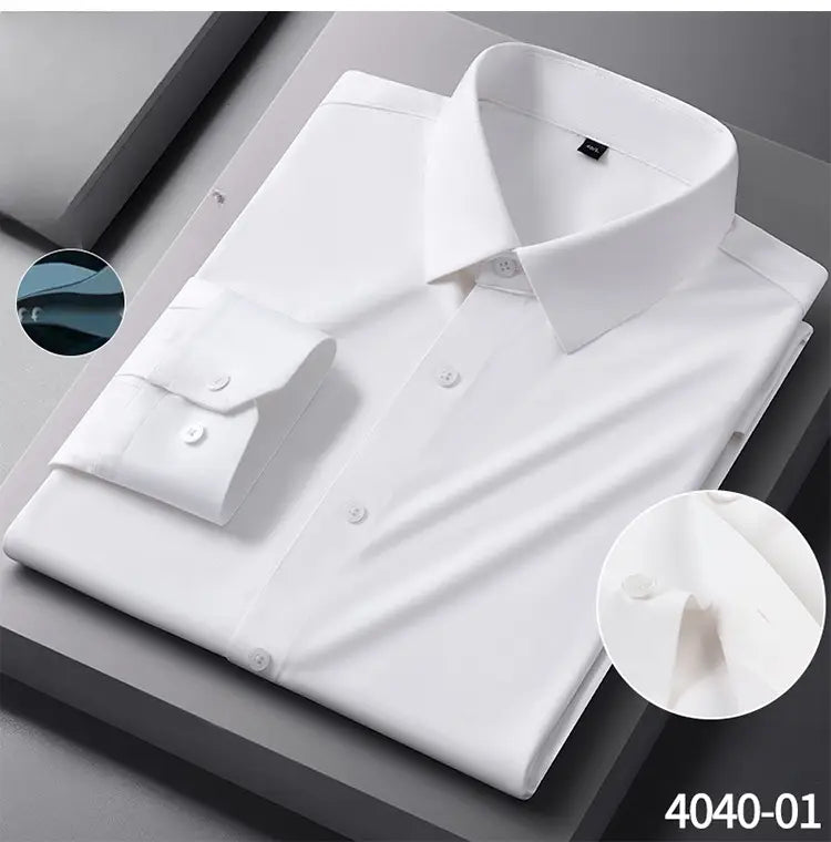 A crisp white men’s slim fit nylon formal dress shirt with a classic collar buttoned cuffs and subtle stitching details.