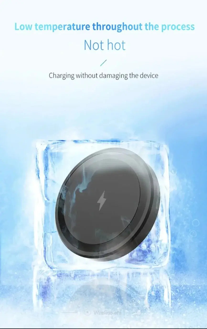 black circular magnetic wireless charger with type c connector encased in transparent ice featuring a subtle lightning bolt emblem