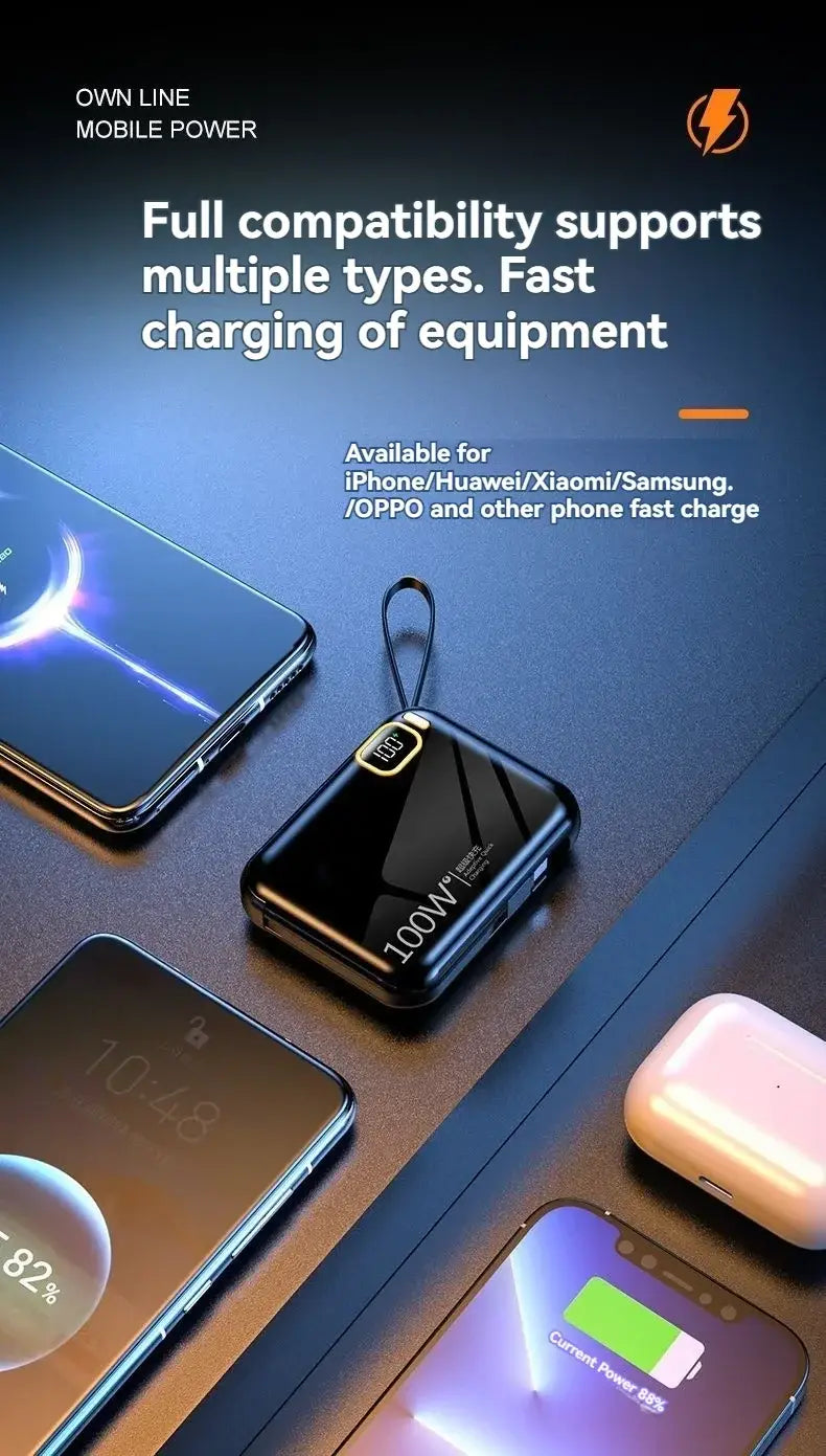 Black rectangular 100w quick charge power bank with built-in cable, gold accents, and looped strap for portable charging.