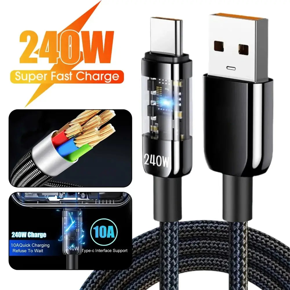 240Wの超高速充電に対応したブラックの編組USB-C to USB-A充電ケーブルで、内部回路を確認できる透明部分とLEDディスプレイを備えた240W USB-C急速充電ケーブル製品。