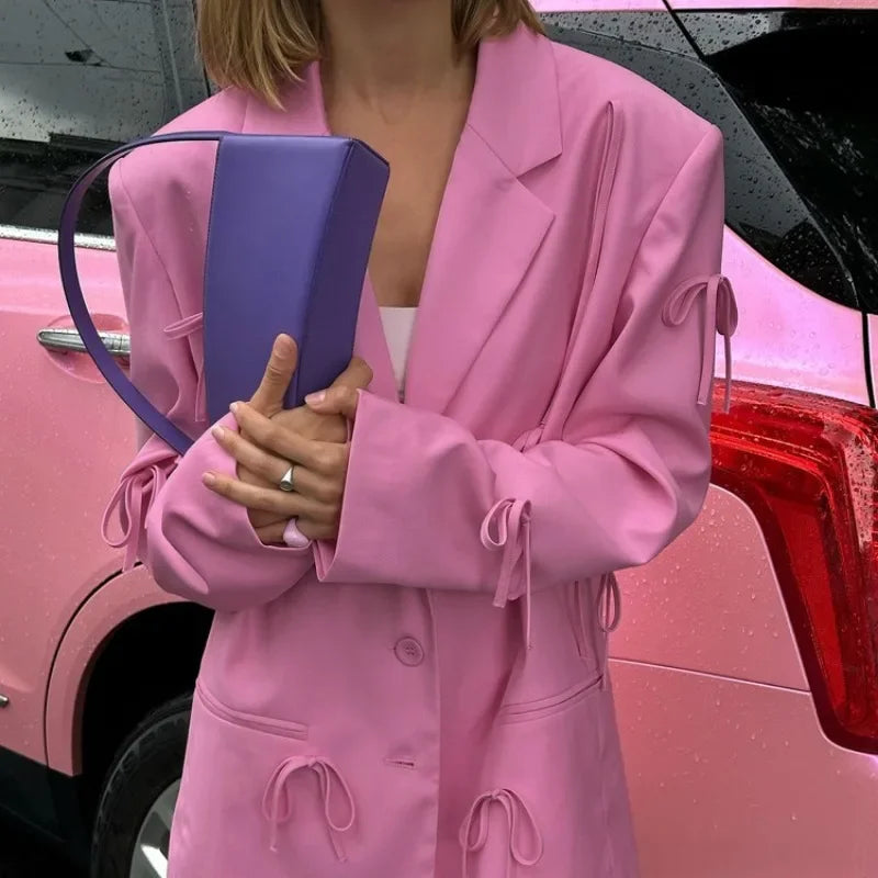 Elegant Women Suit Blazer Top Y2K Fashion INS Autumn Pink Bow Long Sleeve Single Breasted Pocket Jacket Coat Streetwear Outwear