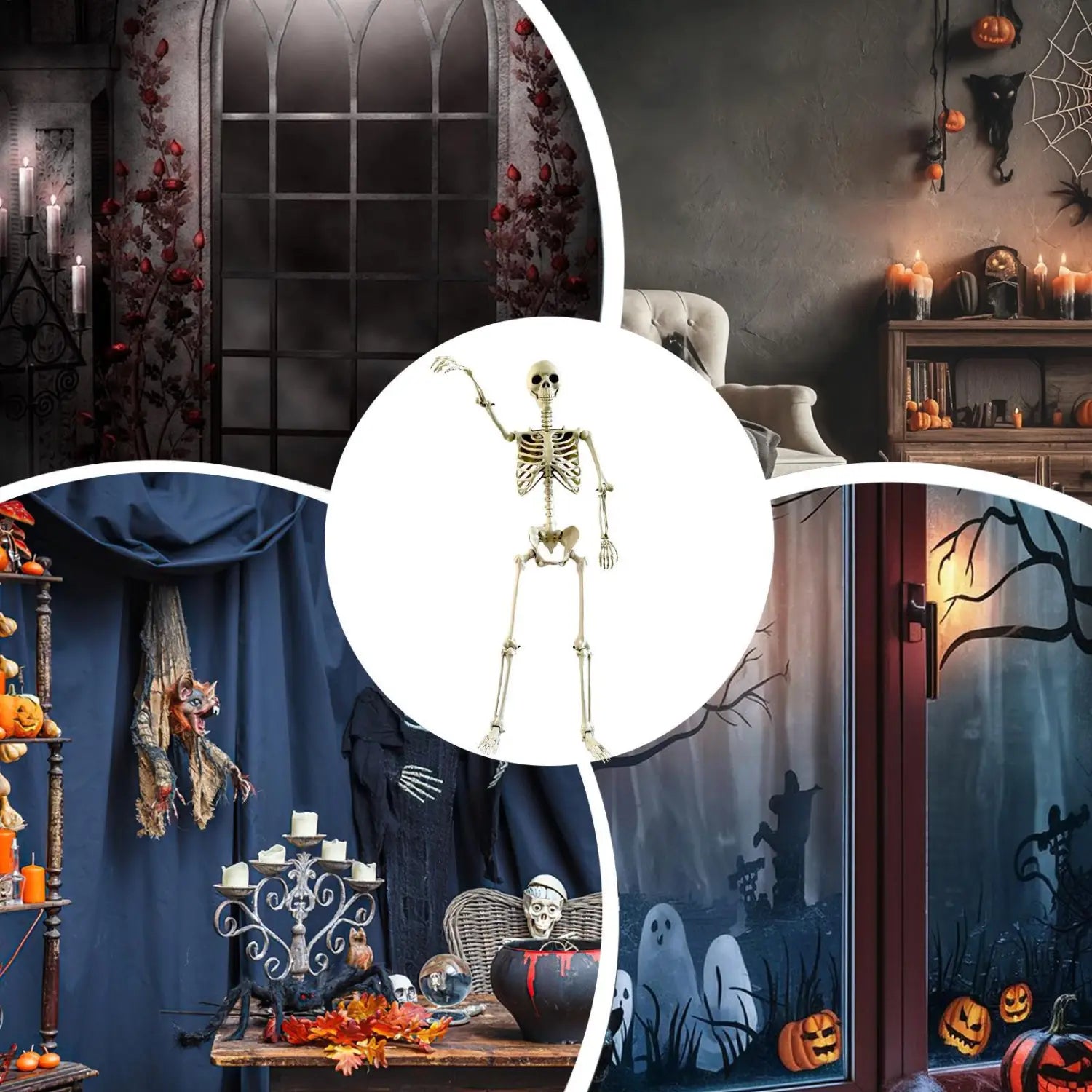 una figura decorativa de esqueleto de Halloween articulado y detallado para jardín, de color natural de huesos y con articulación realista, para exhibición de casa encantada