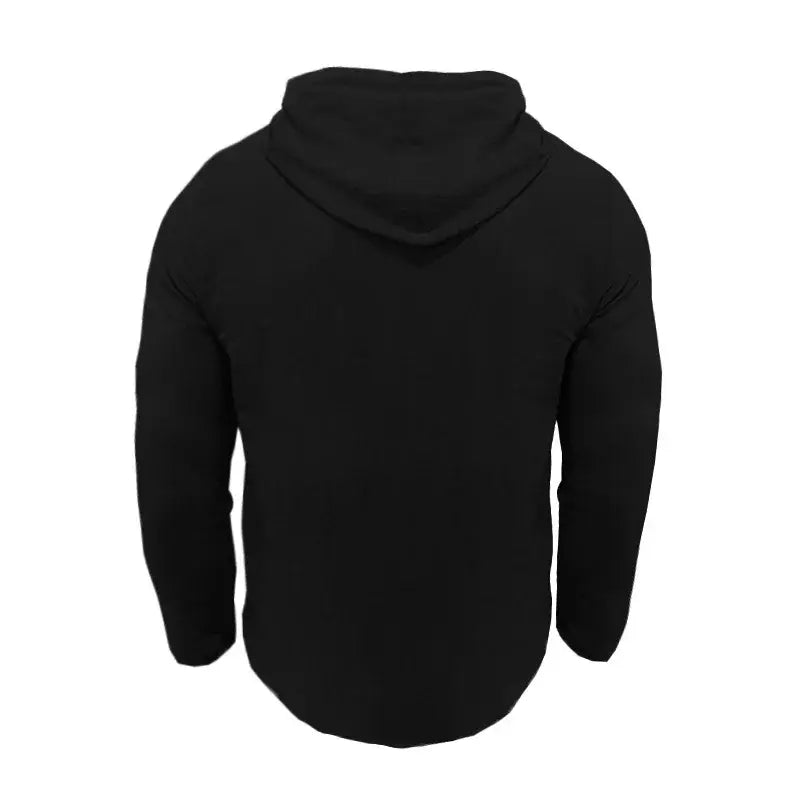 Black long-sleeved men cotton linen hooded henley shirt with soft smooth fabric and classic hood design.