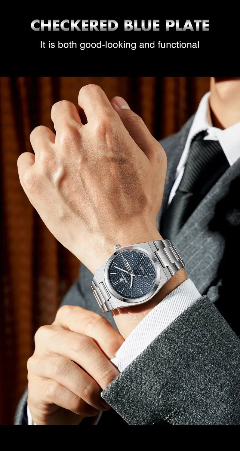 Paazomu luxury chronograph watch with silver-toned stainless steel case and dark blue checkered dial featuring minimalist hour markers.
