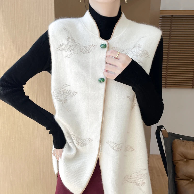 Winter 100% Pure Wool Sleeveless Vest Women Stand Collar Thick Embroidered Vest Loose Wool Vest