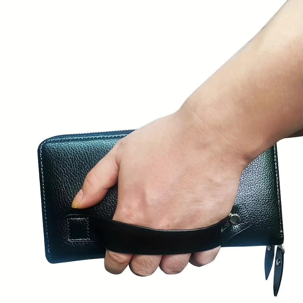 Porte-cartes de portefeuille long pour homme en cuir texturé noir, sangle de poignet, avec poche intérieure à emplacement pour organiser les cartes et les espèces en toute sécurité.