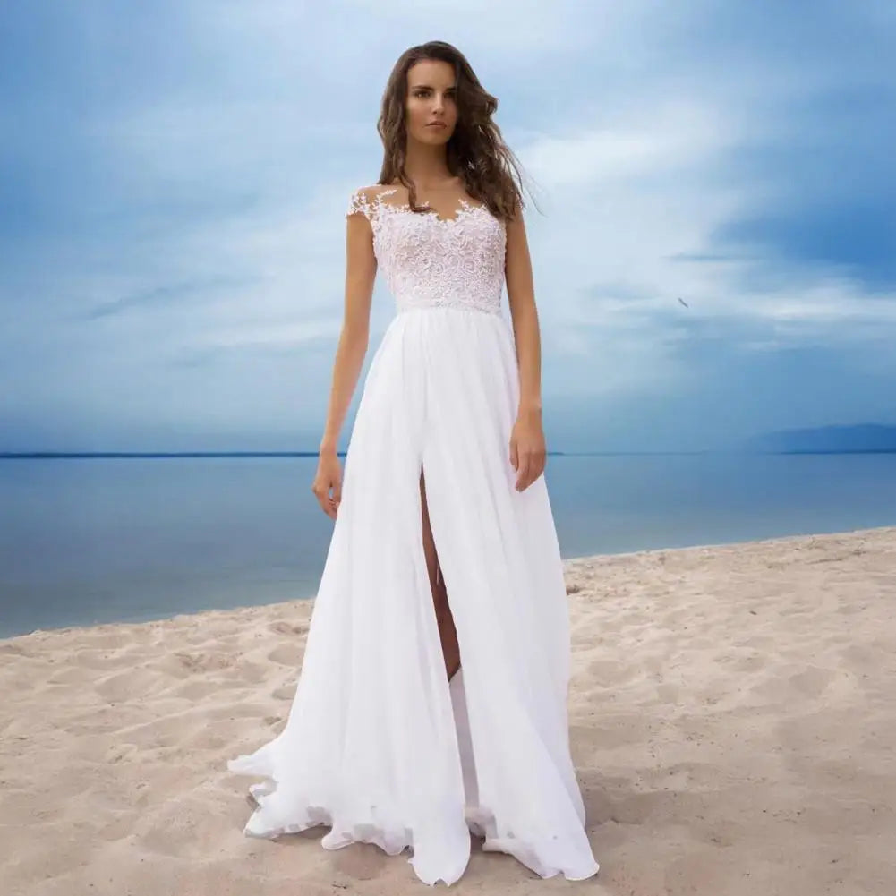 White Bridesmaid Dress Boho A-line Wedding Dress for Bride Lace V-neck Evening Gown with Chiffon Slit for Bridesmaid for Women