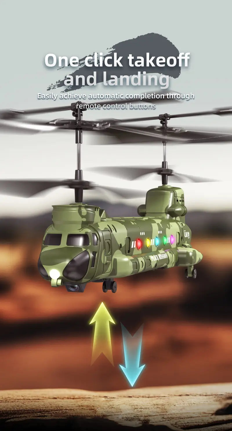 Juguete de helicóptero teledirigido de camuflaje verde con luces LED de colores, diseñado para fotografía aérea y para el desarrollo de habilidades.